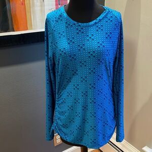 ASCEND deep turquoise geo print stretch knit drawstring ruched lower side top. S